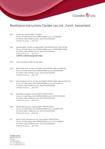 Remittance Instructions Clariden Leu Ltd., Zurich, Switzerland