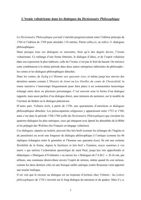 L Ironie Voltairienne Dans Les Dialogues Du Dictionnaire Philosophique L Ironie Voltairienne Dans Les Dialogues Du Dictionnaire Philosophique