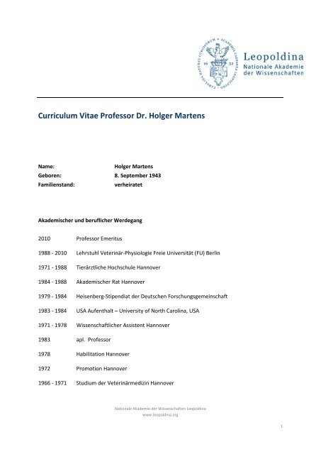 Curriculum Vitae Professor Dr. Holger Martens - Leopoldina