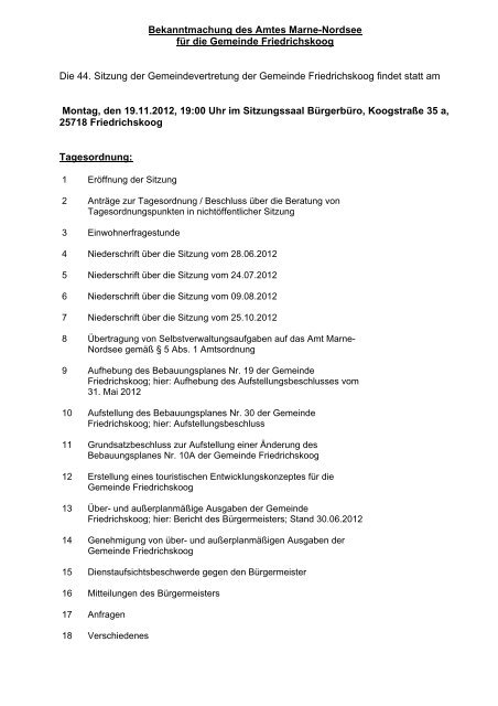 Sitzung der Gemeindevertretung der Gemeinde Friedrichskoog am ...