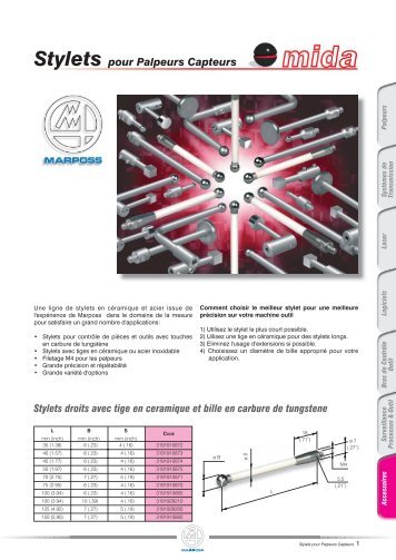 Stylets droits avec tige en acier et bille - Marposs