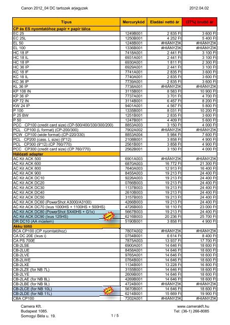 Canon 2012_04 DC tartozek arjegyzek.xlsx - Camera Kft