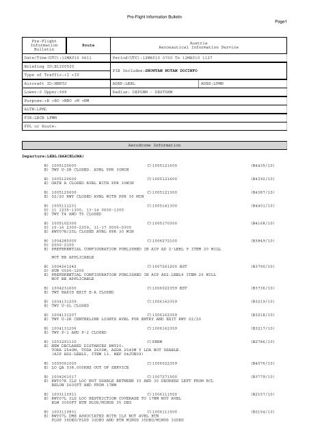 Pre Flight Information Bulletin Route Austria Aeronautical Pre Flight Information Bulletin Route Austria Aeronautical