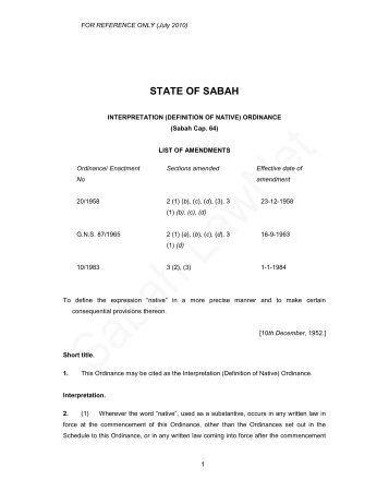 Interpretation (Definition of Native) Ordinance Cap. 64 - Sabah Lawnet