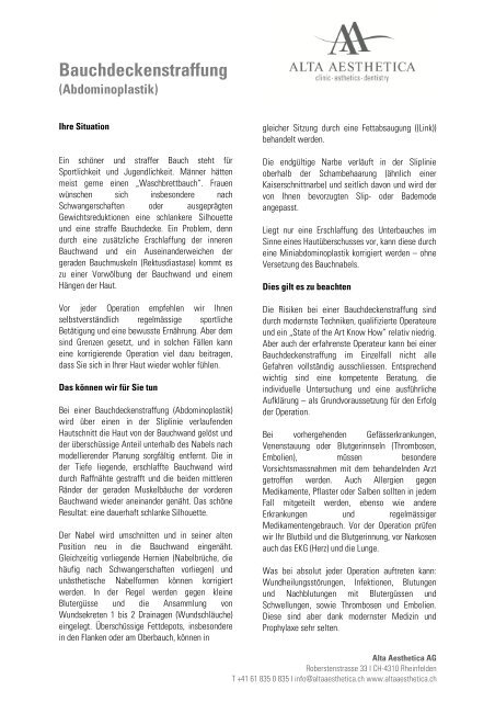 Bauchdeckenstraffung Infoblatt - Alta Aesthetica