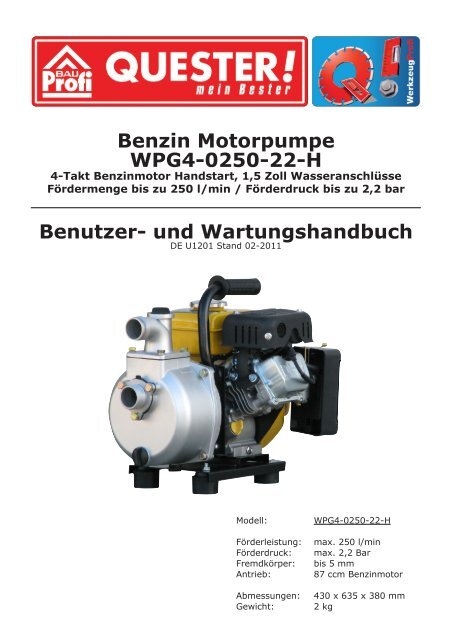 und Wartungshandbuch Benzin Motorpumpe WPG4-0250  - Rotek