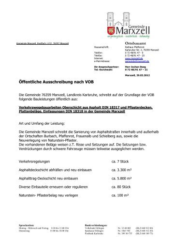 Öffentliche Ausschreibung nach VOB Ortsbauamt - Gemeinde Marxzell