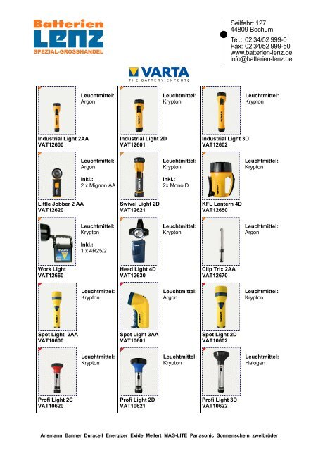 Varta Lichtkatalog - Batterien Lenz