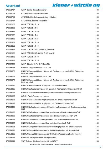 Abverkauf 02/2013 Werkzeuge - kiener + wittlin ag