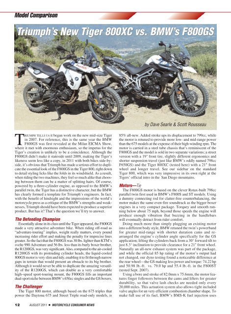 Triumph's New Tiger 800XC vs. BMW's F800GS - Motorcycle ...