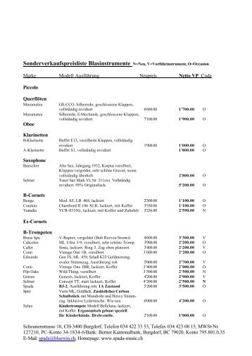 Sonderverkaufspreisliste Blasinstrumente N=Neu ... - Spada Music AG