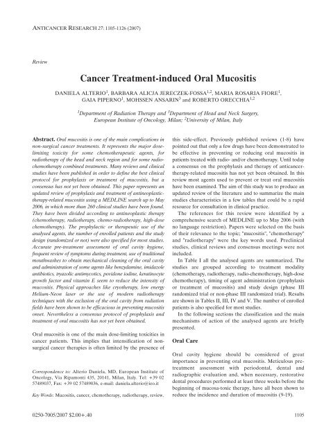 Cancer Treatment-induced Oral Mucositis - Anticancer Research