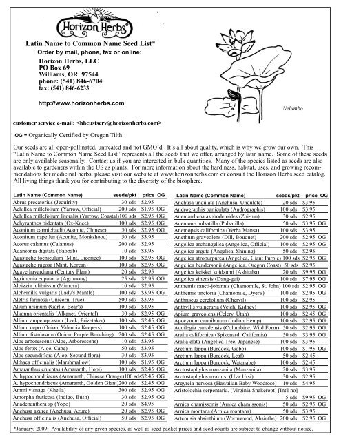 Latin Name to Common Name Seed List* - Horizon Herbs