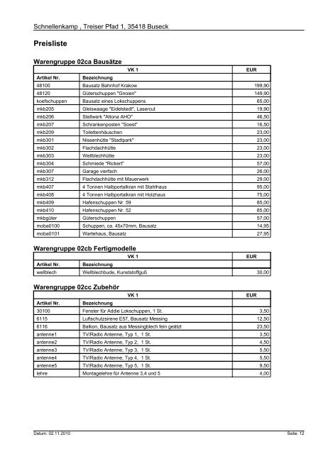 Preisliste - Schnellenkamp