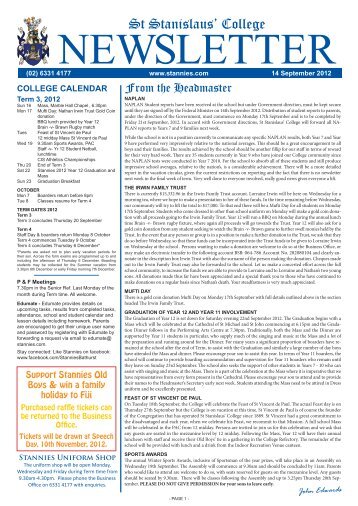 Term 3 Week 9 Newsletter 14 September 2012 - St Stanislaus College