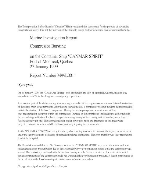 marine investigation report m99l0011 compressor bursting