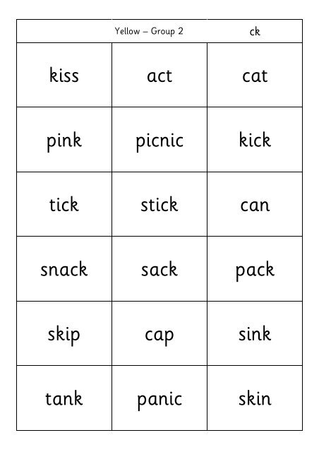 kiss act cat pink picnic kick tick stick can snack sack pack skip cap ...