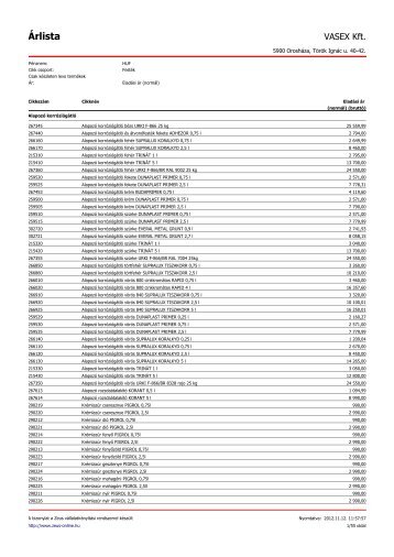 Árlista - Vasex Kft