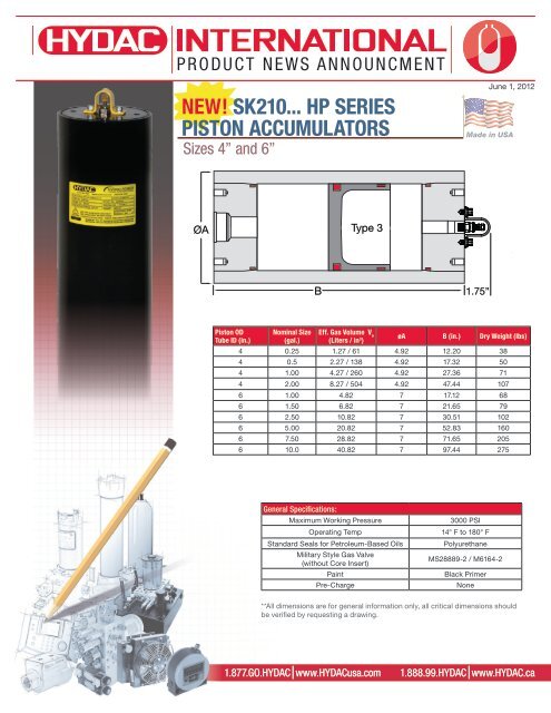 NEW! SK210... HP SERIES PISTON ACCUMULATORS - Hydac USA