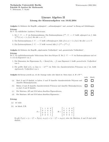 WS03/04 Prof. Mehrmann mit Lösung (lina2ws03.pdf - Institut für ...