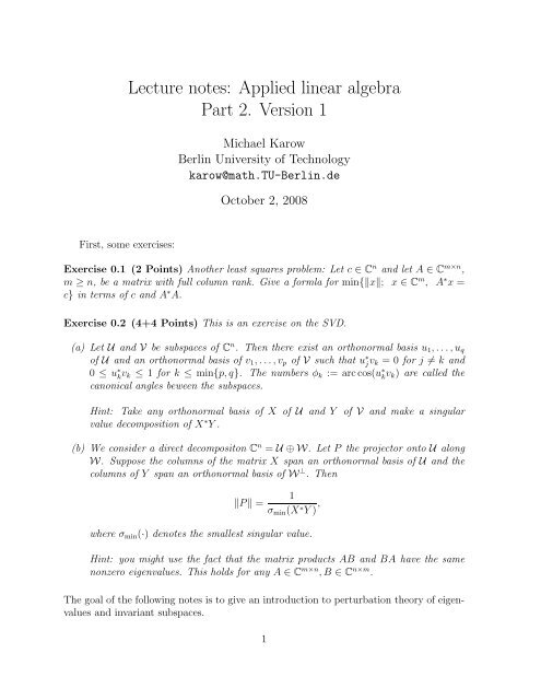 Lecture Notes Applied Linear Algebra Part 2 Version 1 Tu Berlin