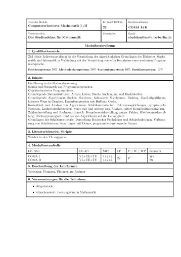 Computerorientierte Mathematik I+II 22 COMA I+II Der ... - TU Berlin