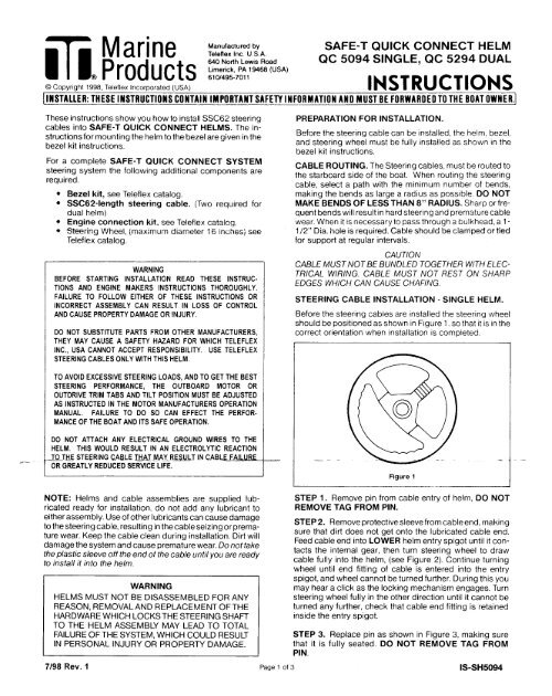 Teleflex Safe-T QC Steering System Instruction Manual - Safety Marine