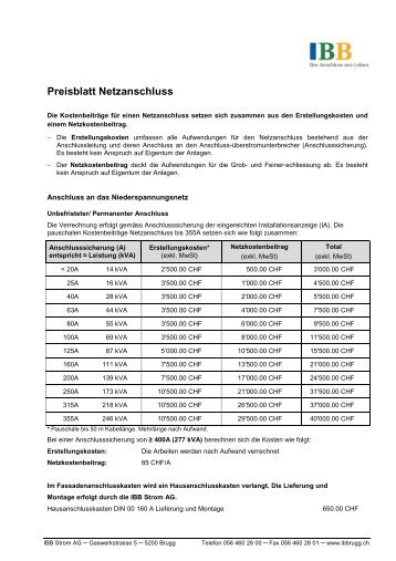 Preisblatt Netzanschluss