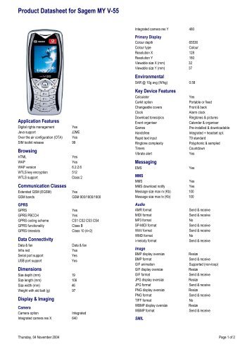 Product Datasheet for Sagem MY V-55 - Vodafone