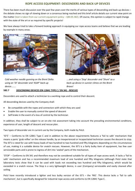 rope access equipment: descenders and back-up devices