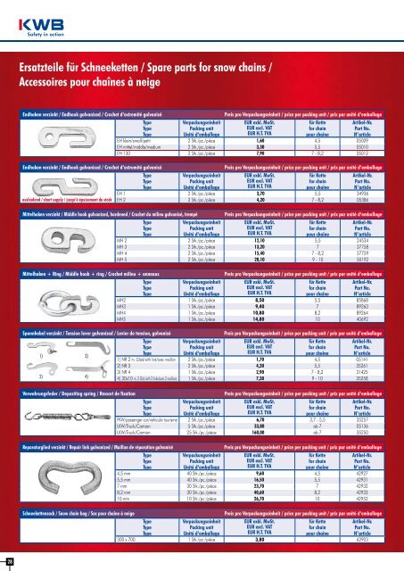 Preisliste für sämtliche KWB- Schneeketten und Kettenersatzteile 2012