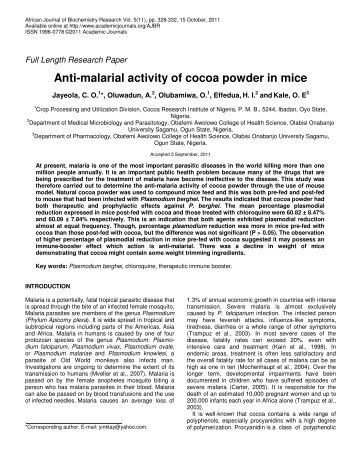 Anti-malarial activity of cocoa powder in mice