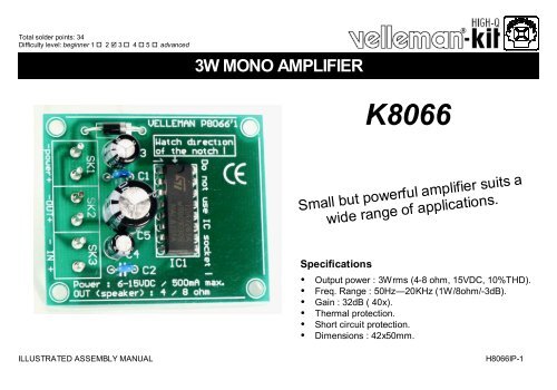 Velleman K8066 3W Mono Amplifier 