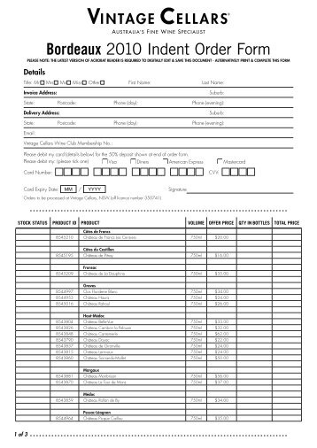 Bordeaux 2010 Indent Order Form - Vintage Cellars