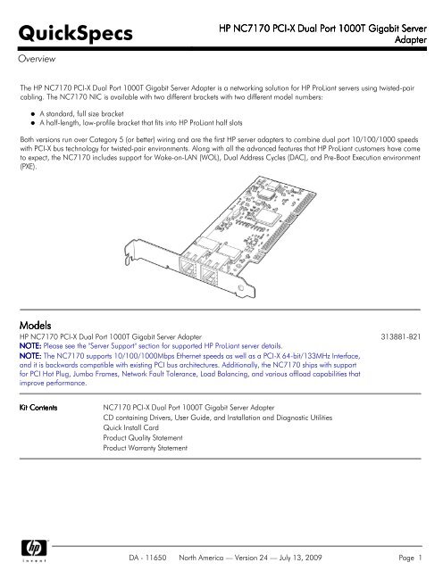 HP NC7170 PCI-X Dual Port 1000T Gigabit Server Adapter