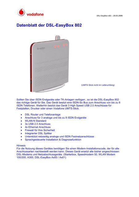 Datenblatt der DSL-EasyBox 802 - Vodafone
