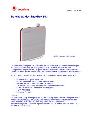 Datenblatt der EasyBox 803 - Vodafone