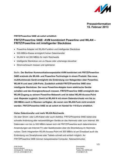 FRITZ!Powerline 546E: AVM kombiniert Powerline und WLAN ...