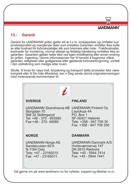 Monterings- og bruksanvisning for gassgrill 12213 - Landmann ...