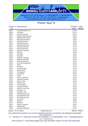 Preiser Spur N Preisliste