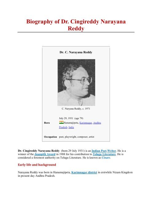 Biography Of Dr. Cingireddy Narayana Reddy
