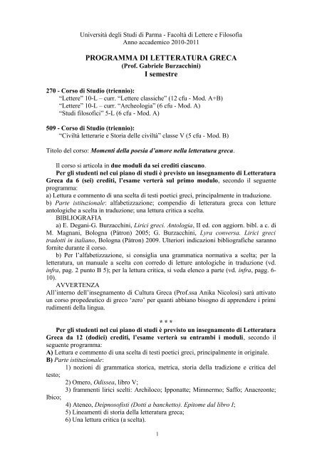 Programma a.a. 2010-2011 - Università degli studi di Parma