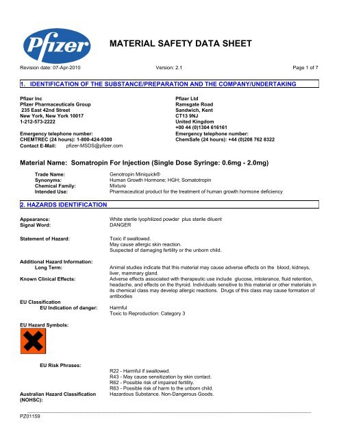 MATERIAL SAFETY DATA SHEET - Pfizer