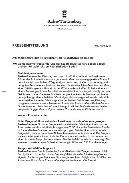 PRESSEMITTEILUNG - Polizeidirektion Rastatt/BadenBaden