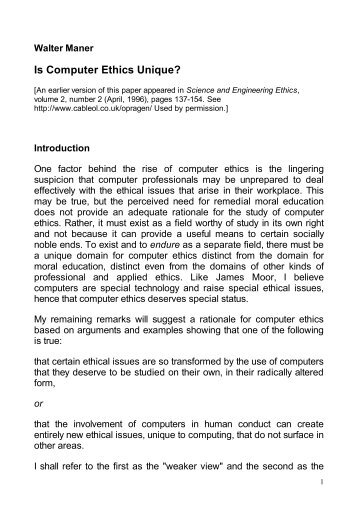 Walter Maner Is Computer Ethics Unique?