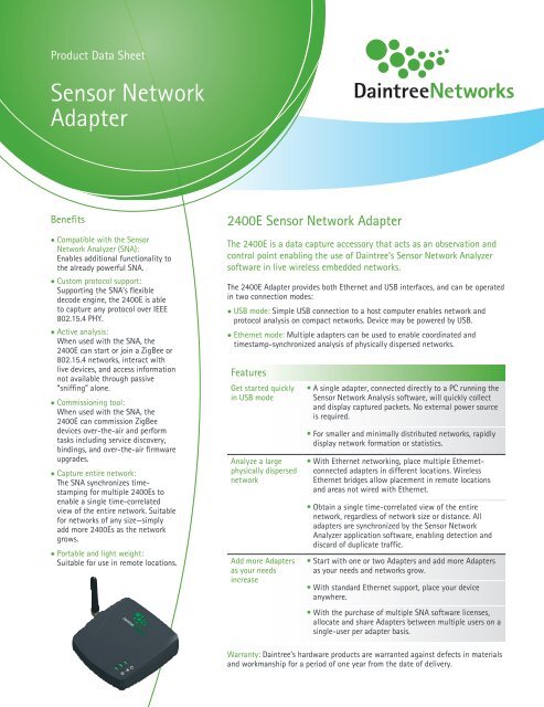 Download Sensor Network Adapter datasheet - Daintree Networks