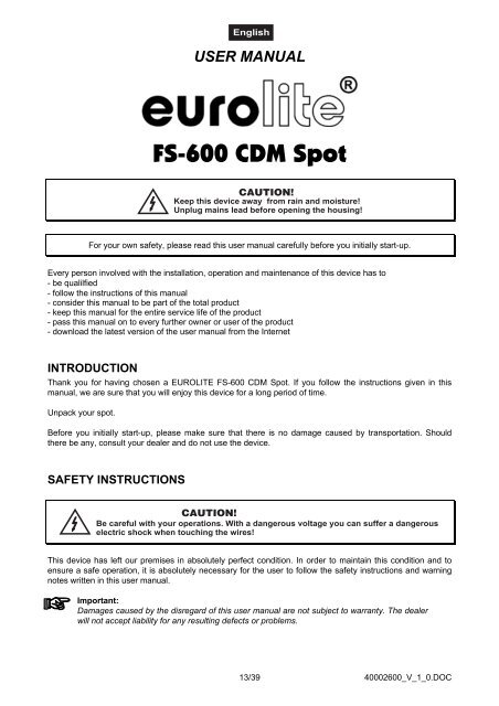 EUROLITE FS-600 CDM Spot User Manual - LTT Versand GmbH