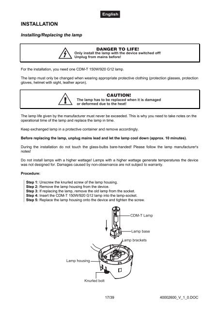 EUROLITE FS-600 CDM Spot User Manual - LTT Versand GmbH