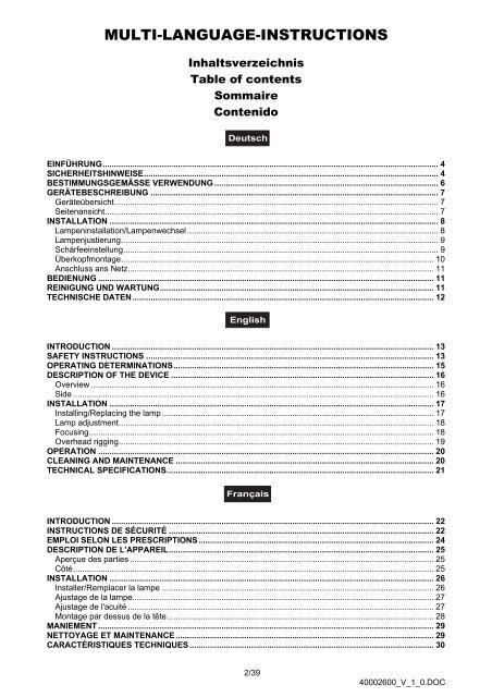 EUROLITE FS-600 CDM Spot User Manual - LTT Versand GmbH