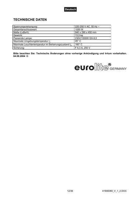 EUROLITE SL-1000 Follow Spot User Manual